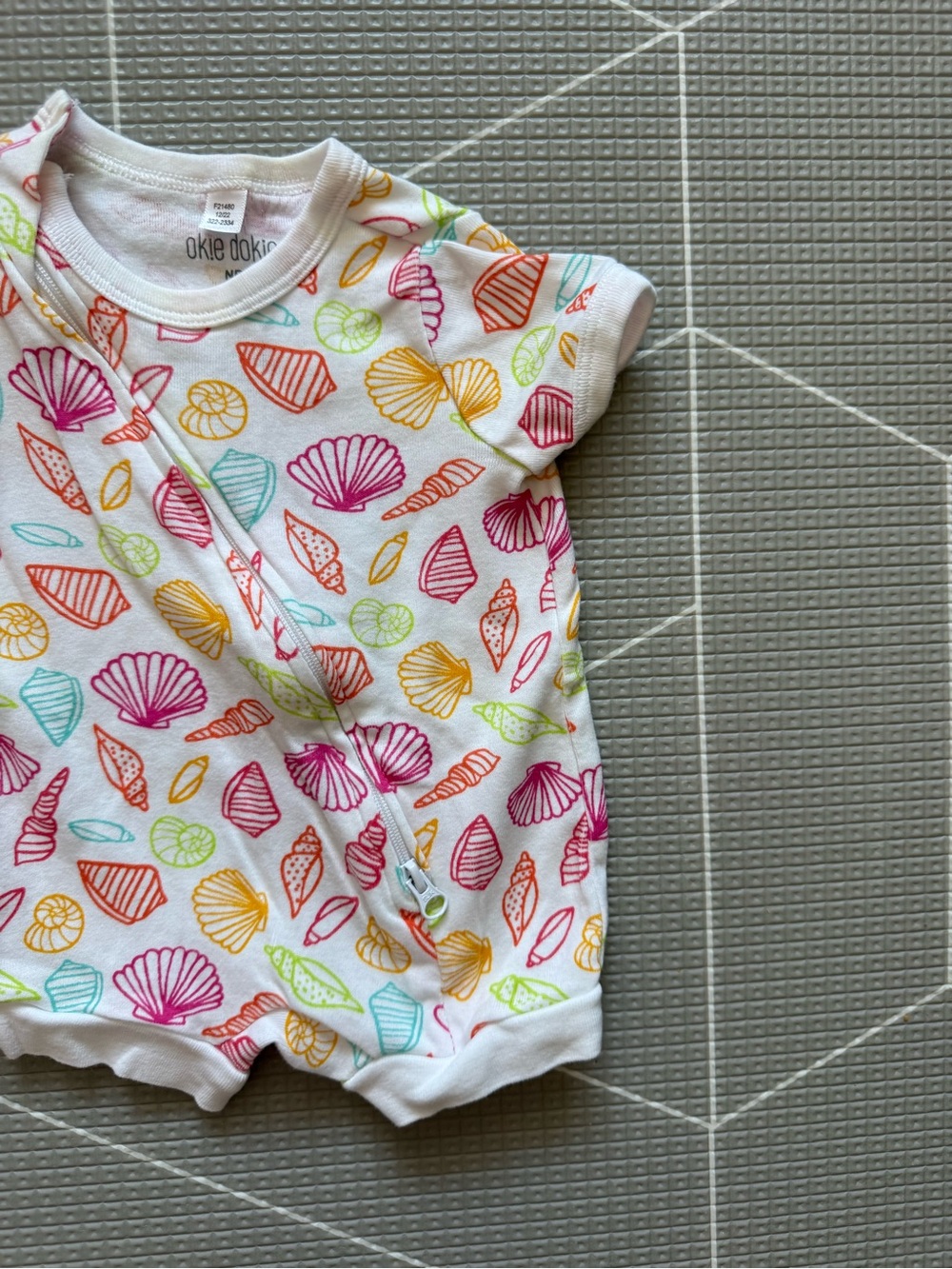 Okie Dokie|Baby girl short sleeve White Seashell One-Piece romper,full zip•boho